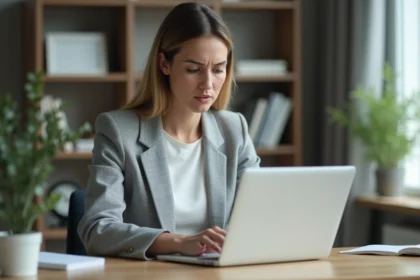 Femme professionnelle frustrée face à un accès bloqué sur son espace bancaire en ligne depuis un ordinateur portable