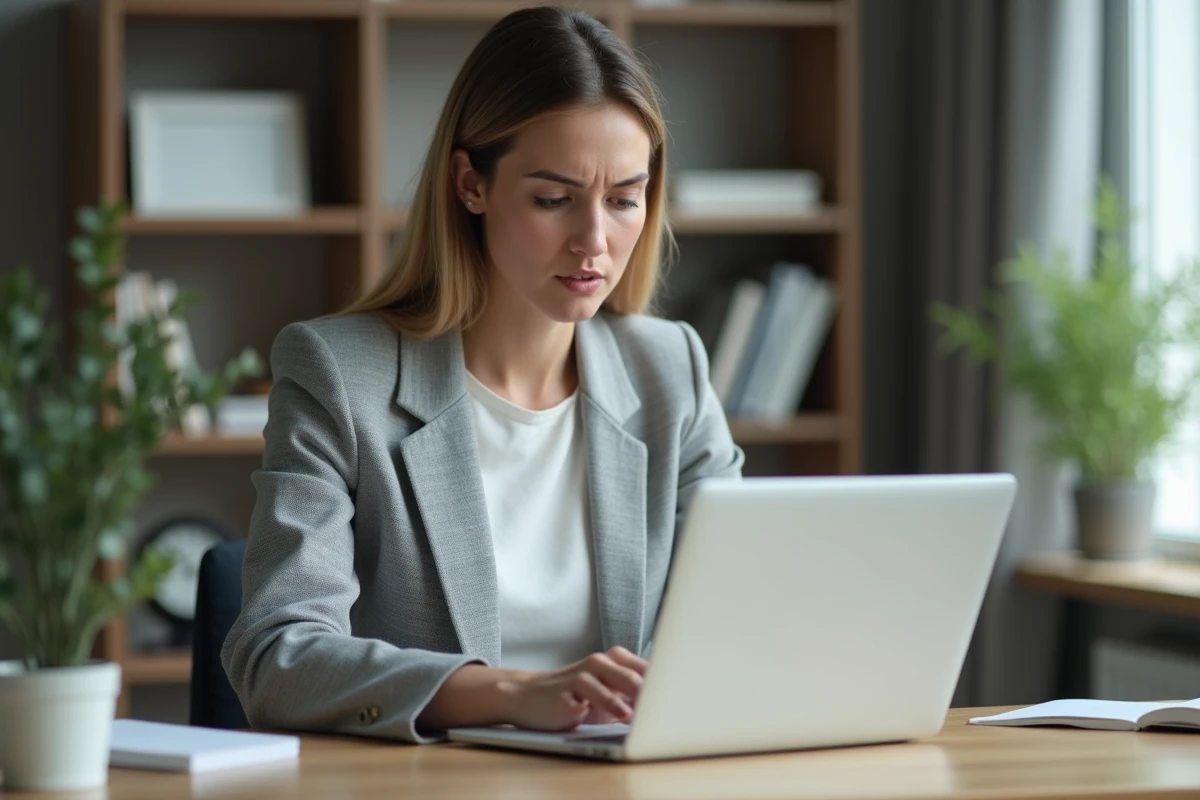 Femme professionnelle frustrée face à un accès bloqué sur son espace bancaire en ligne depuis un ordinateur portable