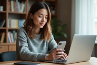 Femme accédant à ses comptes bancaires Crédit Maritime Grand Ouest sur plusieurs appareils depuis son bureau à domicile