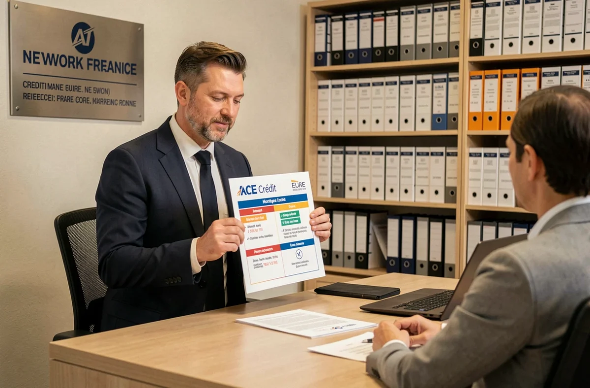 Représentant ACE Crédit Eure présentant des offres de courtage en crédit immobilier à un client