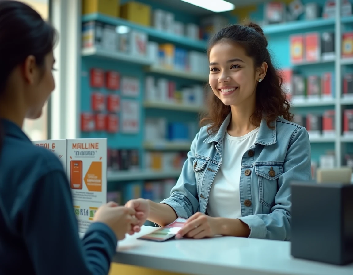 Jeune femme achetant une recharge prépayée pour téléphone mobile dans une boutique de téléphonie