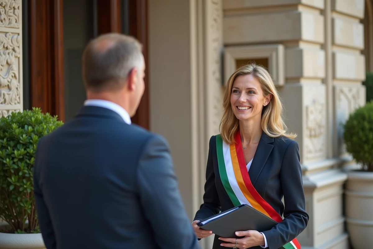 Adjointe maire souriante avec résident en extérieur