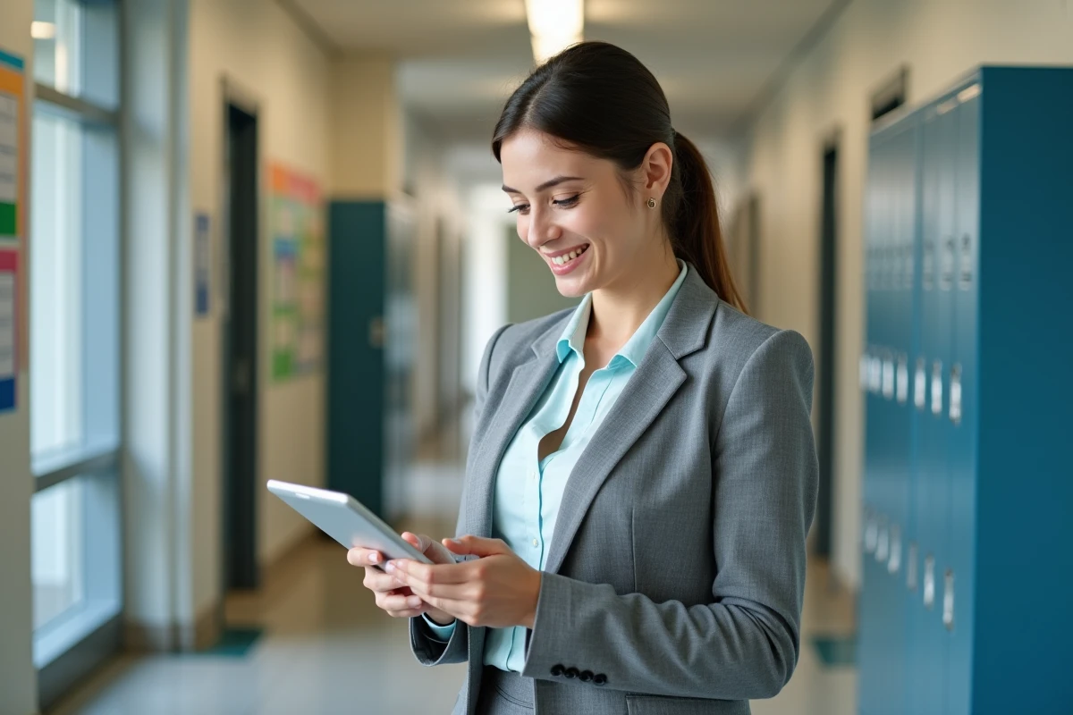 Jeune femme administratrice vérifiant paiement dans couloir moderne