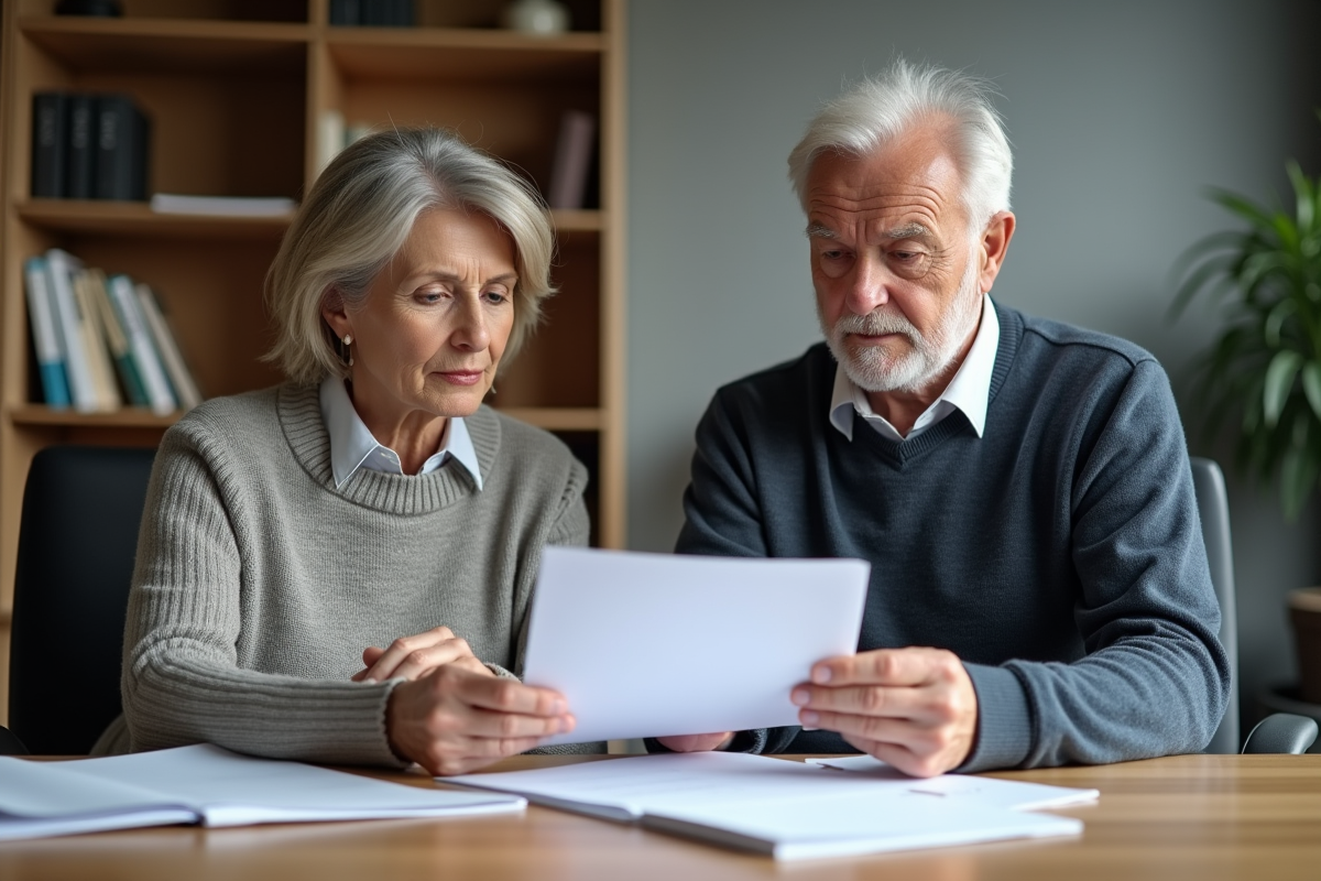 Femme d'âge moyen et homme âgé examinent des papiers de pension