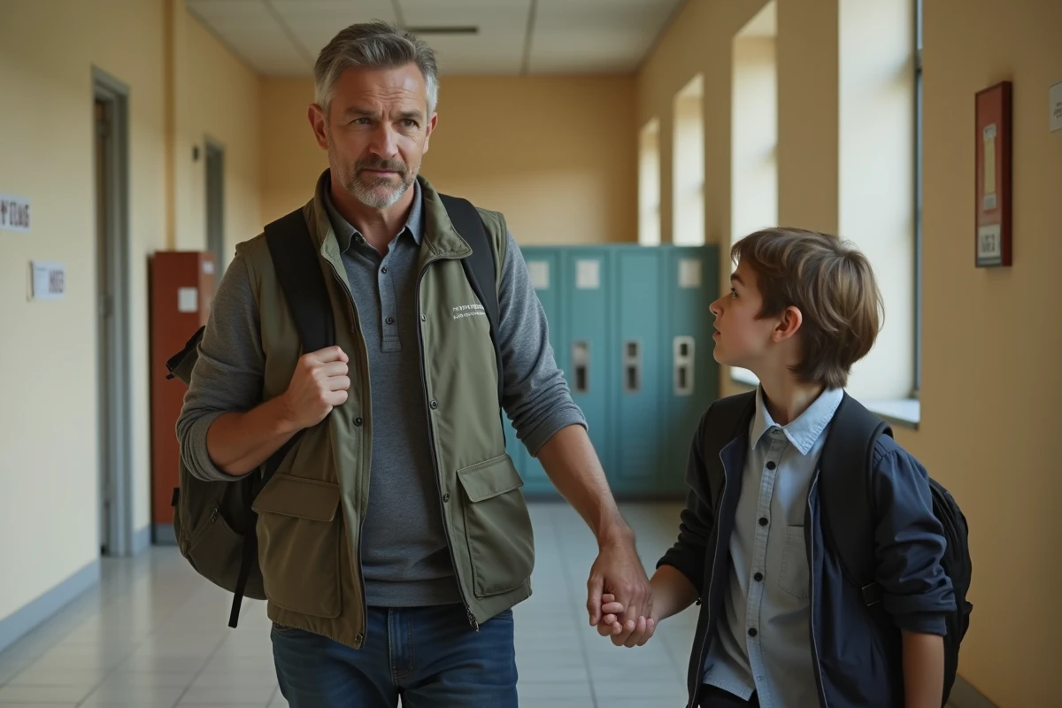 AESH homme accompagnant un élève dans un couloir d'école, illustration du métier d'accompagnant