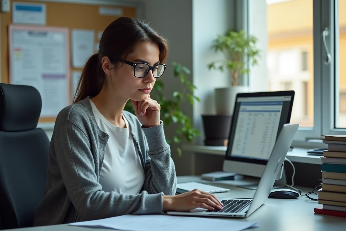 AESH calculant son salaire sur ordinateur dans un bureau administratif d'école en 2026