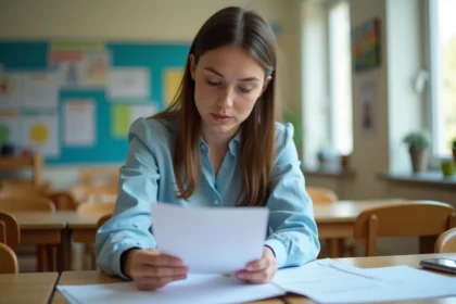 AESH femme consultant des documents sur son salaire dans une salle de classe en 2026