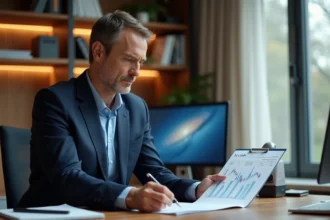 Homme d'affaires analysant un portefeuille d'actions gratuites Air Liquide dans un bureau moderne