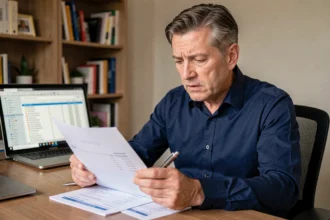 Homme d'affaires analysant des documents d'épargne salariale à son bureau à domicile