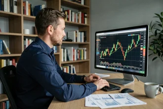 Analyste financier examinant des graphiques de performance d'un site d'investissement en ligne sur un grand écran