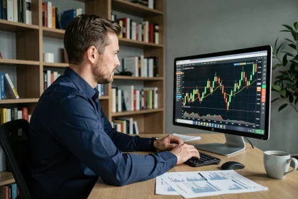 Analyste financier examinant des graphiques de performance d'un site d'investissement en ligne sur un grand écran