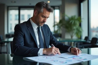 Analyste financier étudiant la valorisation boursière de l'action Kering dans un bureau parisien moderne