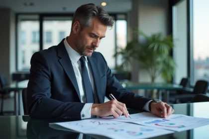 Analyste financier étudiant la valorisation boursière de l'action Kering dans un bureau parisien moderne