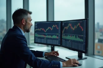 Analyste financier étudiant l'historique du cours boursier d'Europlasma sur plusieurs écrans de trading