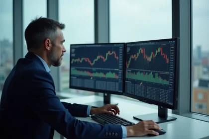 Analyste financier étudiant l'historique du cours boursier d'Europlasma sur plusieurs écrans de trading