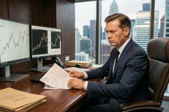 Analyste financier examinant des rapports de rendement et des graphiques boursiers dans un bureau corporate vitré