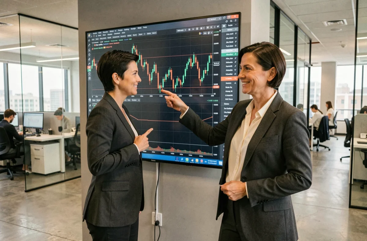 Analyste financière présentant un pattern double bottom sur un grand écran dans une salle de marchés professionnelle