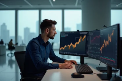 Analyste financier examinant des graphiques de prévision Bitcoin sur deux écrans dans un bureau moderne