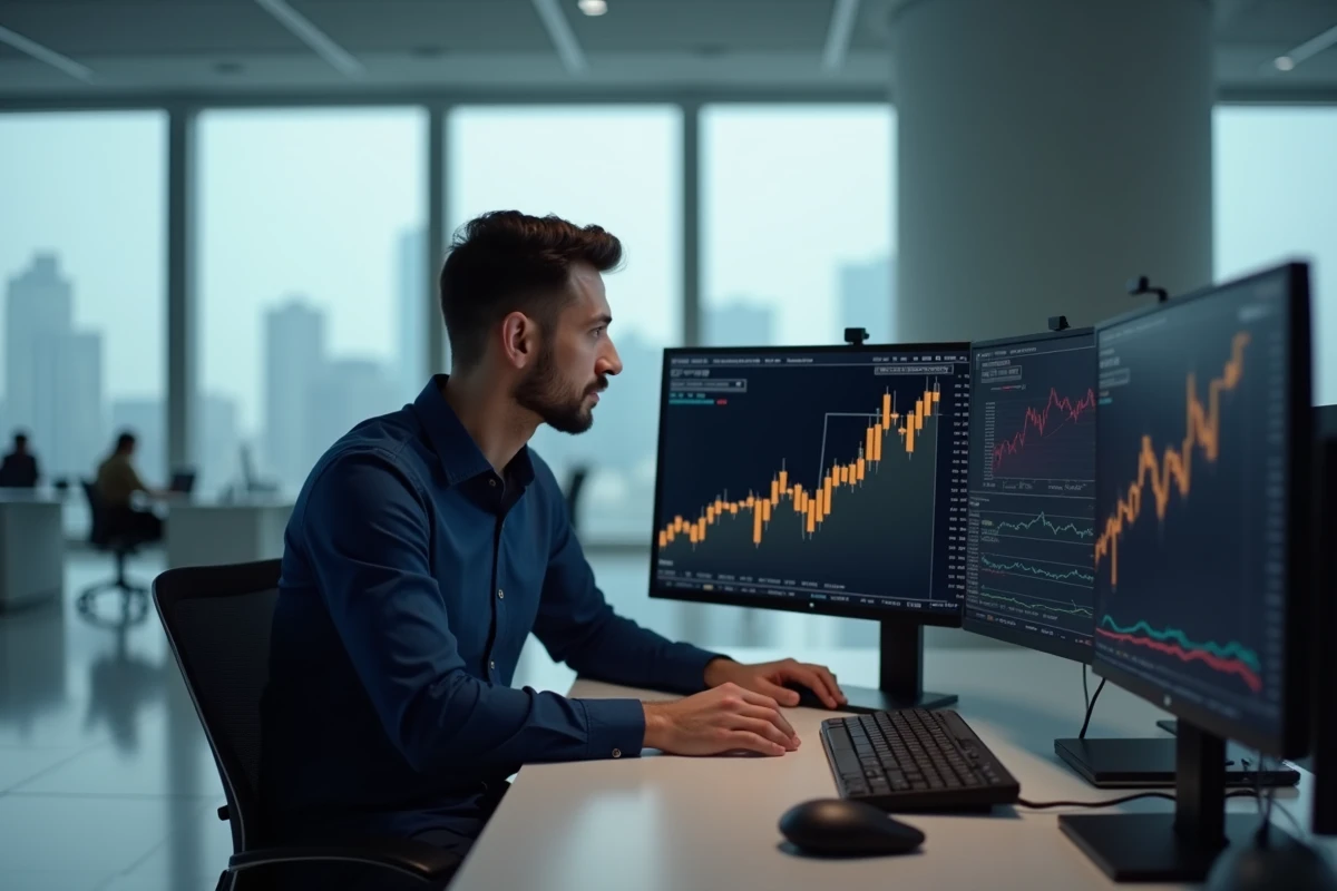 Analyste financier examinant des graphiques de prévision Bitcoin sur deux écrans dans un bureau moderne