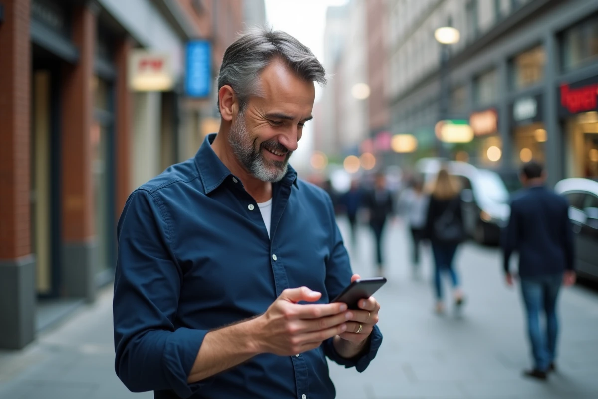 Homme utilisant l'application mobile Le fil.com de Crédit Agricole en ville