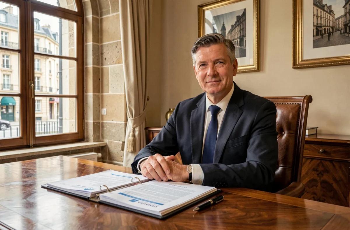 Conseiller d'Arras Patrimoine et Assurances dans son bureau élégant pour des services d'assurance et patrimoine