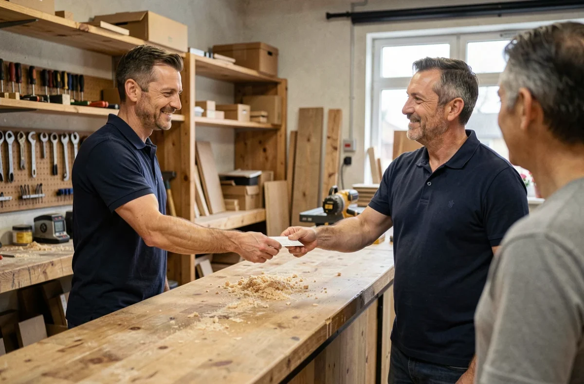 Artisan indépendant remettant un reçu à un client lors d'un paiement en espèces en atelier