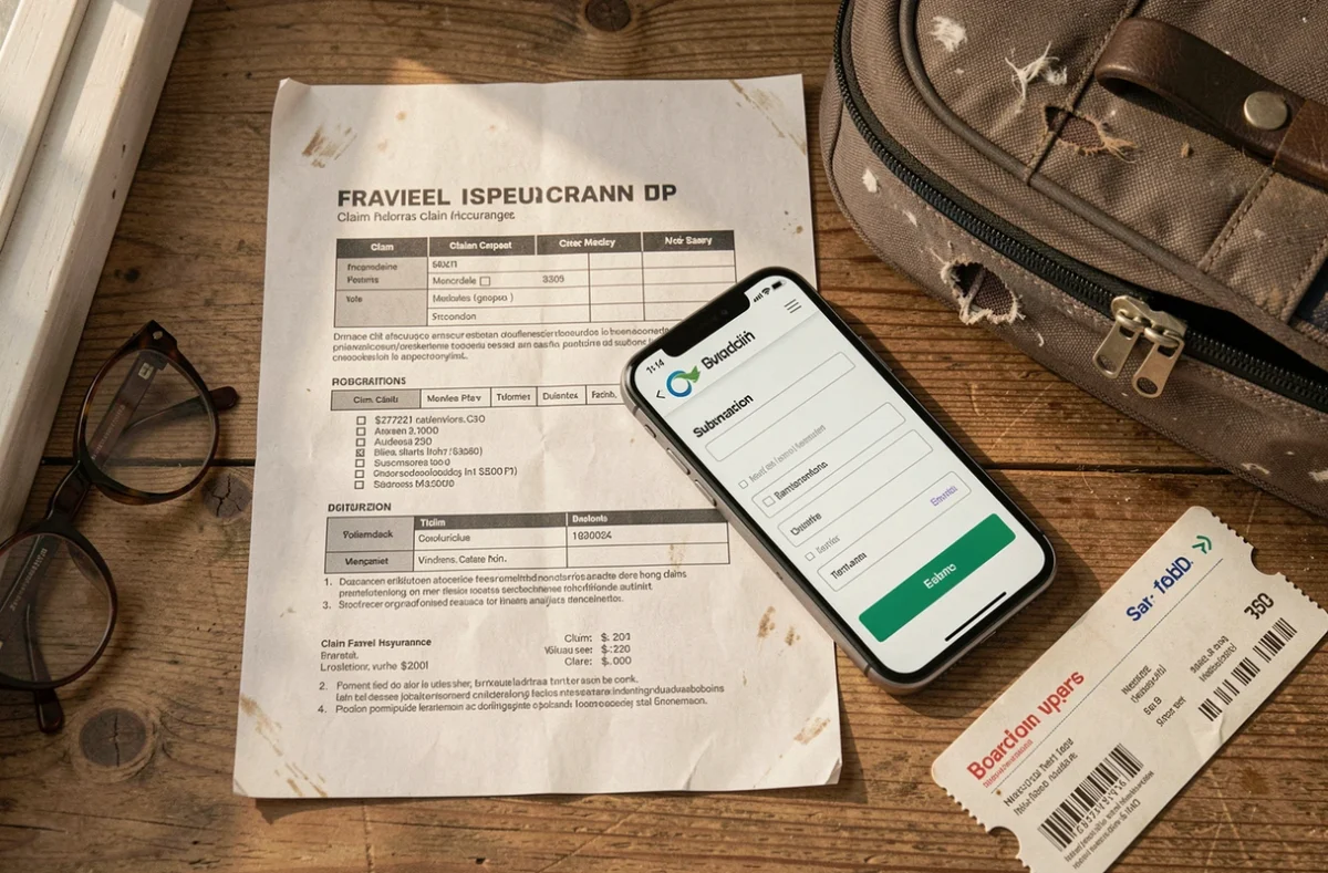 Document d'assurance voyage et smartphone avec formulaire de réclamation posés près d'un bagage endommagé sur un bureau en bois