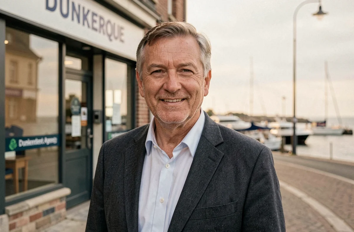 Courtier des Assurances Vandamme devant son agence à Dunkerque
