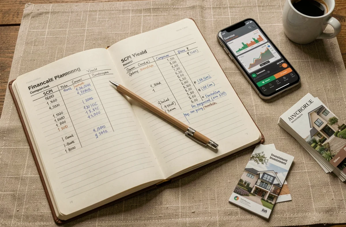 Vue de dessus d'un bureau avec un carnet de comparaison de SCPI annoté, un smartphone et des prospectus d'investissement immobilier