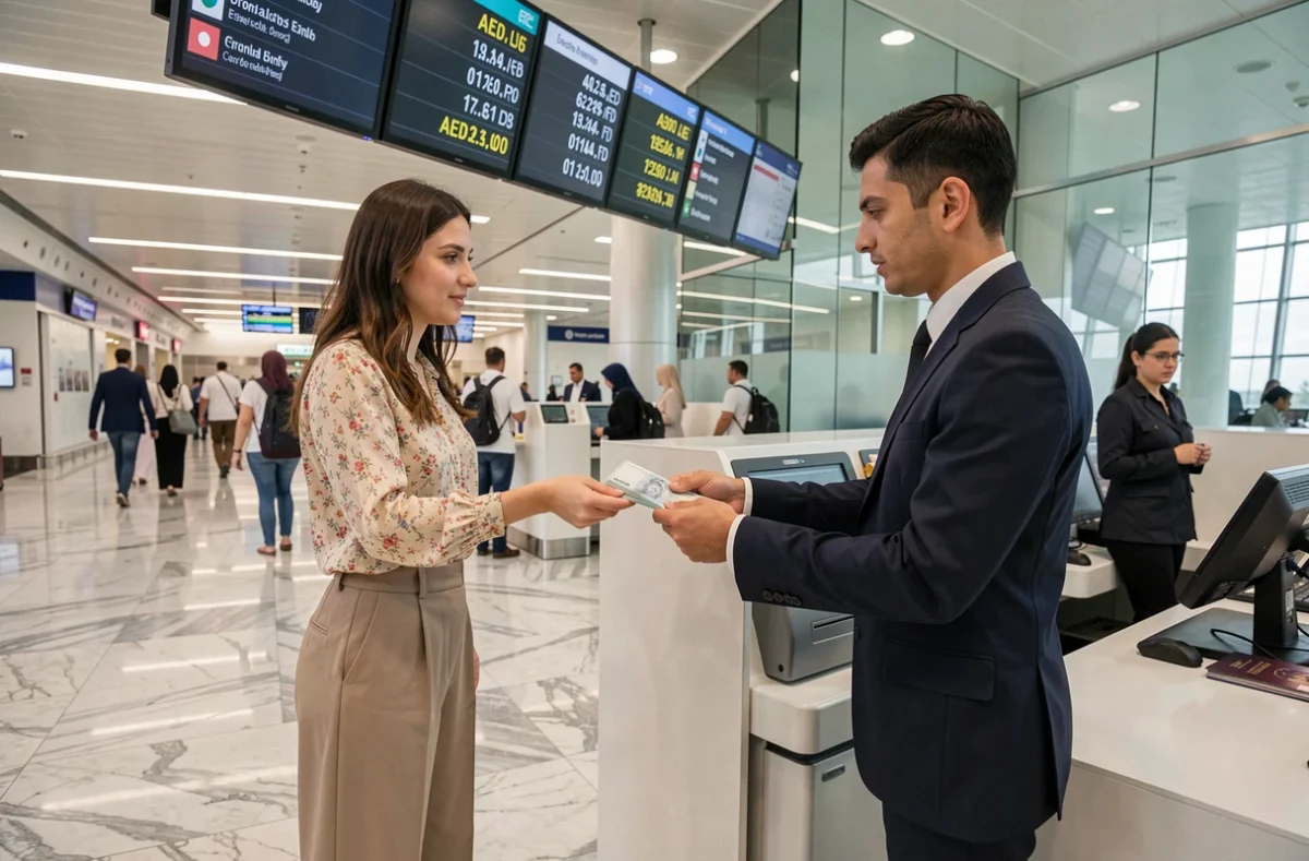 Voyageuse échangeant de la monnaie en dirhams dans un bureau de change à l'aéroport des Émirats