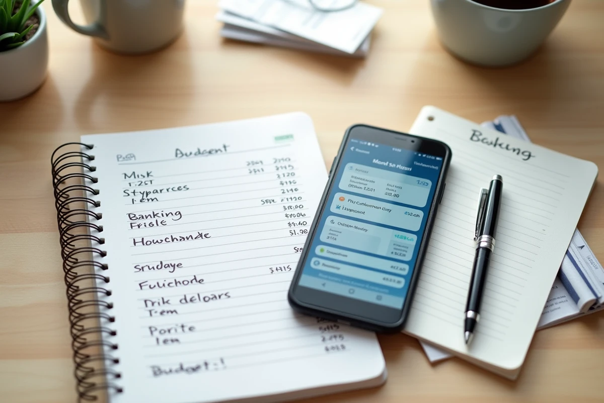Vue aérienne d'un bureau avec smartphone affichant un compte bancaire familial Crédit Agricole et notes budgétaires