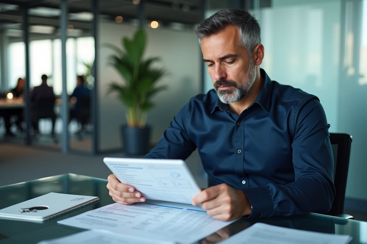 Homme d'affaires consultant un simulateur fiscal avec des fiches de paie pour calculer primes et heures supplémentaires