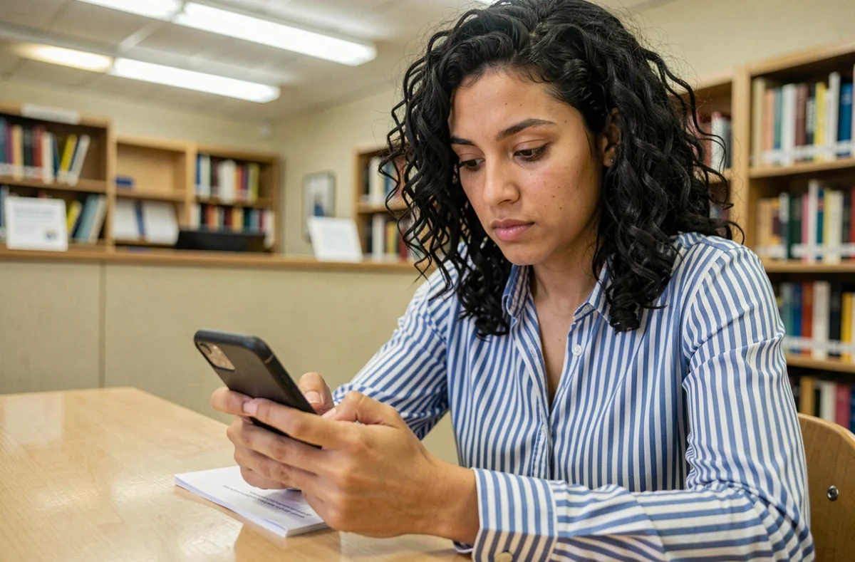 Jeune femme calculant son salaire net au SMIC pour un contrat 25h avec une calculatrice sur smartphone