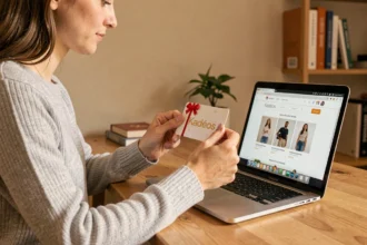 Femme utilisant une carte cadeau Kadéos Infini pour un achat en ligne sur ordinateur portable