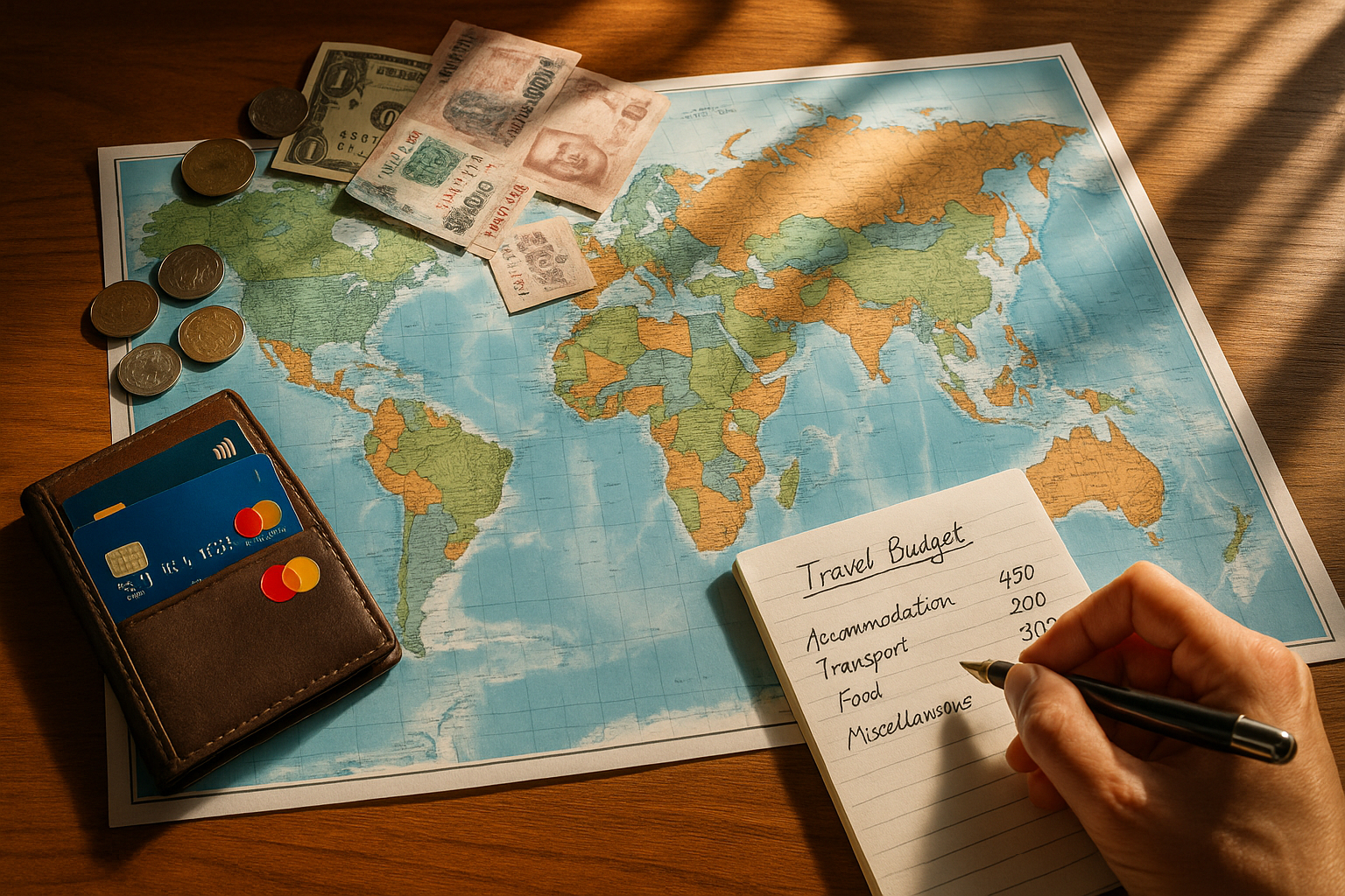 Carte du monde sur bureau avec cartes et notes de voyage