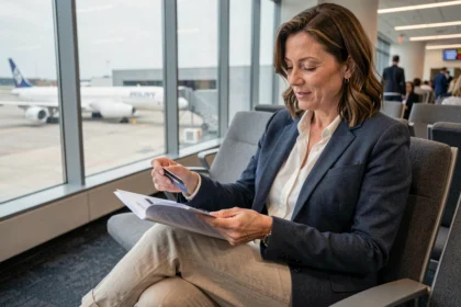 Femme examinant sa carte bancaire premium dans un salon d'aéroport pour vérifier sa couverture assurance voyage
