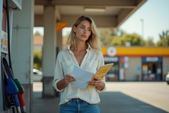 Femme tenant un chèque-vacances à une pompe à essence dans une station-service française, illustrant la question de l'utilisation des chèques vacances pour payer le carburant en 2026