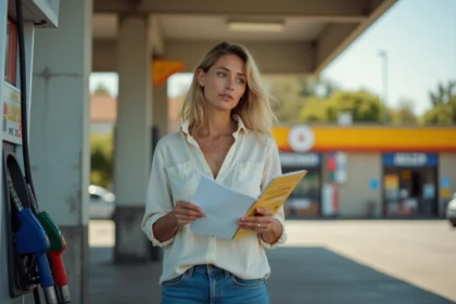 Femme tenant un chèque-vacances à une pompe à essence dans une station-service française, illustrant la question de l'utilisation des chèques vacances pour payer le carburant en 2026