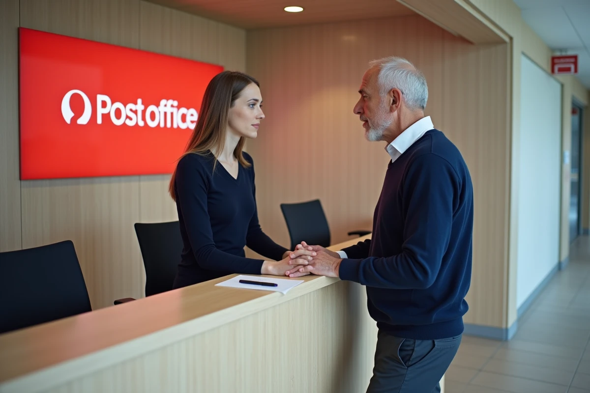 Client discutant d'un virement non reçu avec un conseiller bancaire au guichet de La Banque Postale