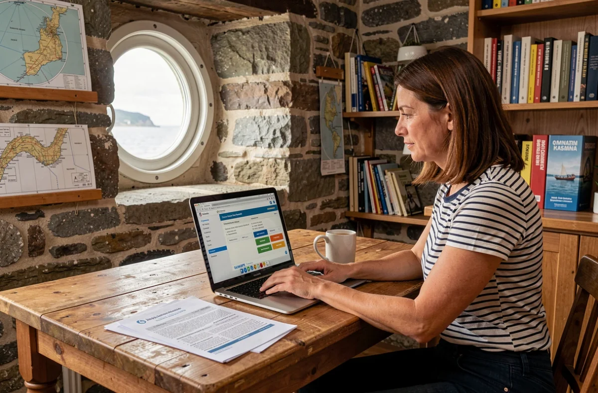 Femme comparant des offres d'assurance bateau en ligne depuis un intérieur de maison côtière bretonne