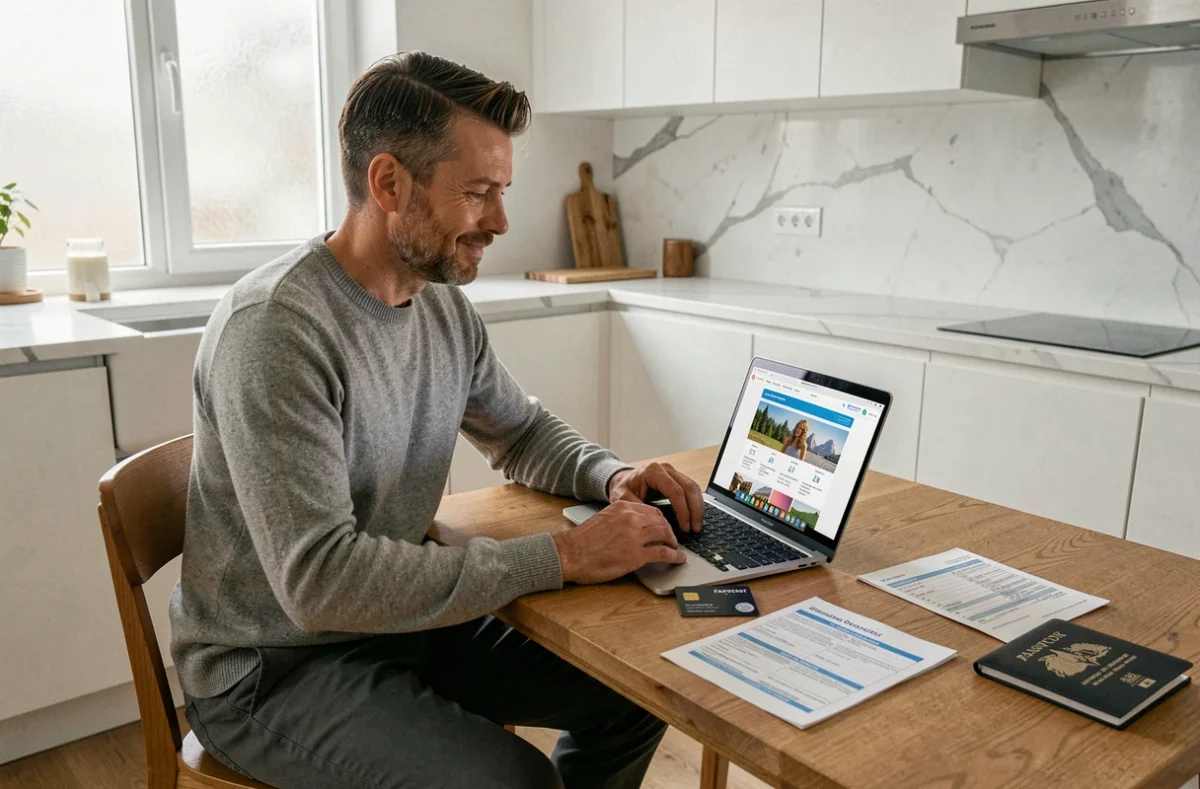 Homme comparant les garanties de sa carte bancaire et une assurance voyage complète depuis son domicile