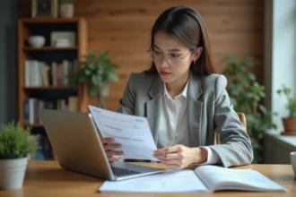 Femme comparant des offres de livret d'épargne bancaire sur un ordinateur portable dans un bureau à domicile