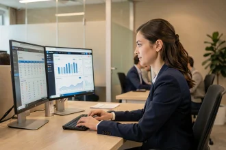 Femme comptable analysant des exports bancaires automatisés sur deux écrans dans un bureau moderne
