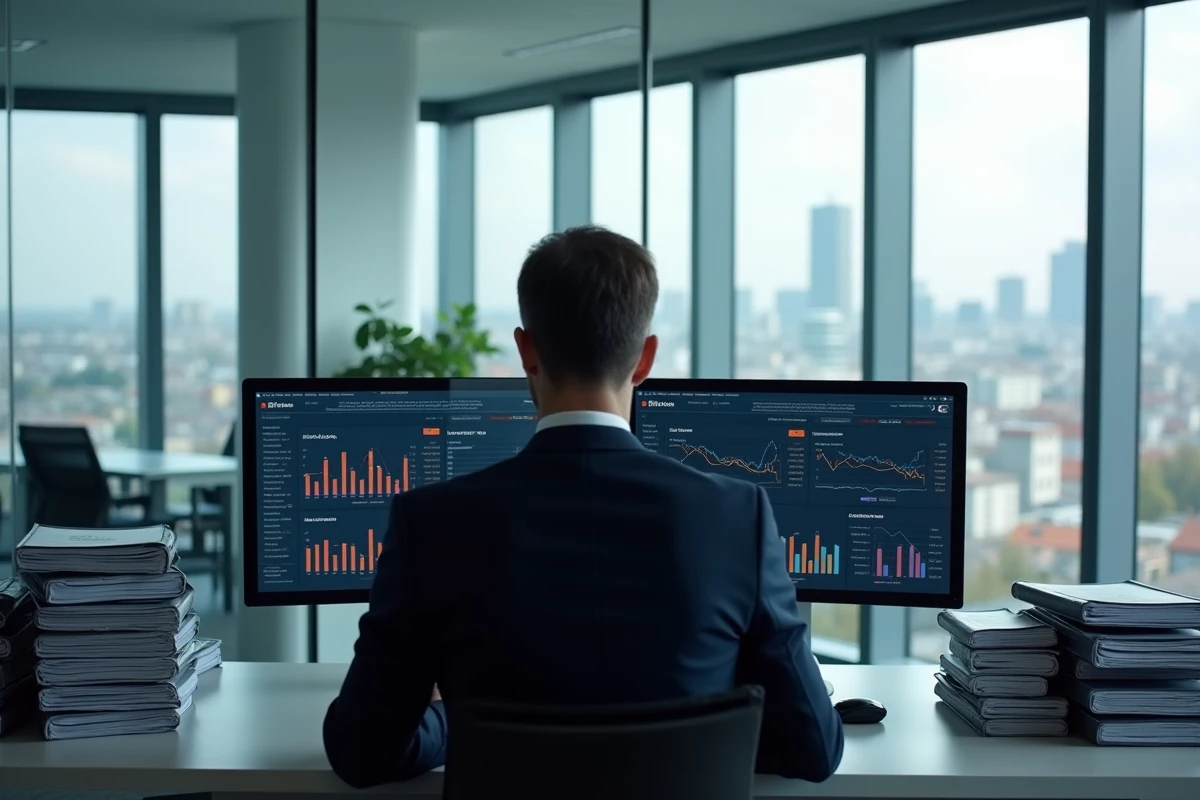 Comptable professionnel analysant des comptes crypto et la réglementation fiscale française 3916 bis sur plusieurs écrans dans un bureau moderne