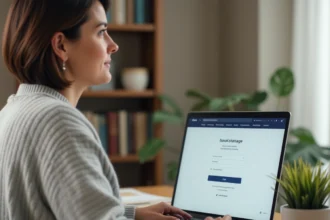 Femme connectée à son espace client Progéliance sur un ordinateur portable dans un bureau à domicile