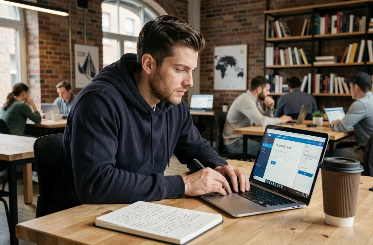Jeune homme connecté à son espace client SG Particuliers depuis un espace de coworking à l'étranger sur ordinateur portable