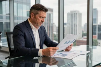Conseiller en gestion de patrimoine analysant des documents financiers liés aux SCPI La Française dans un bureau moderne