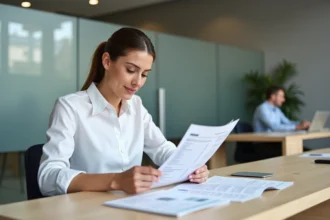 Conseillère bancaire analysant un relevé de compte avec des libellés de paiement mis en évidence sur un bureau moderne