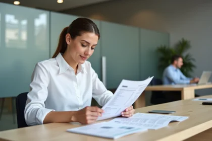 Conseillère bancaire analysant un relevé de compte avec des libellés de paiement mis en évidence sur un bureau moderne