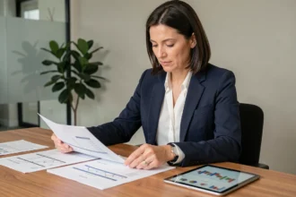 Conseillère financière analysant un calcul de rendement SCPI sur tablette et documents imprimés dans un bureau moderne